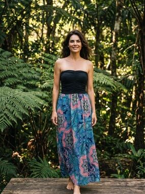 Strapless Black Bodice with Blue Multi-Print Maxi Skirt